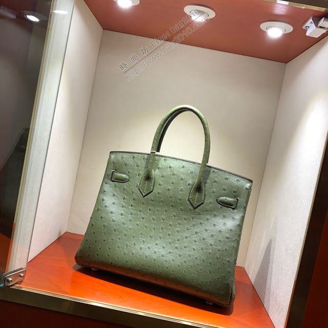 Hermes女包 愛馬仕Birkin30cm Hermes鉑金包 Ostrich鴕鳥皮 全手縫蠟線 67 Vert Fonce深綠色  am1898
